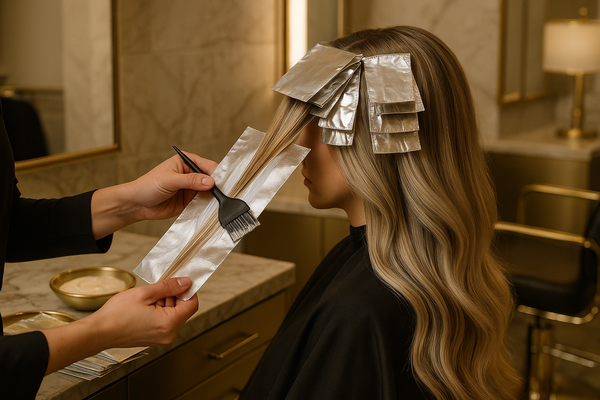 Luxurious salon hair foiling with sophisticated champagne and platinum tones in an upscale setting