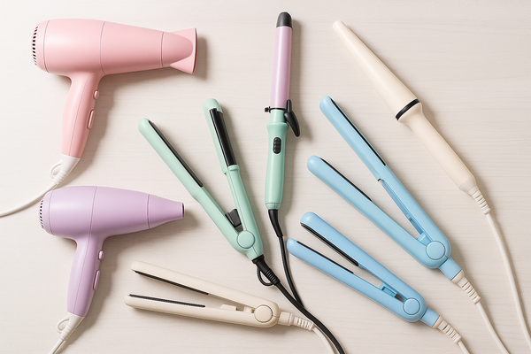 Professional hair styling electrical tools in pastel colors laid out on a clean table