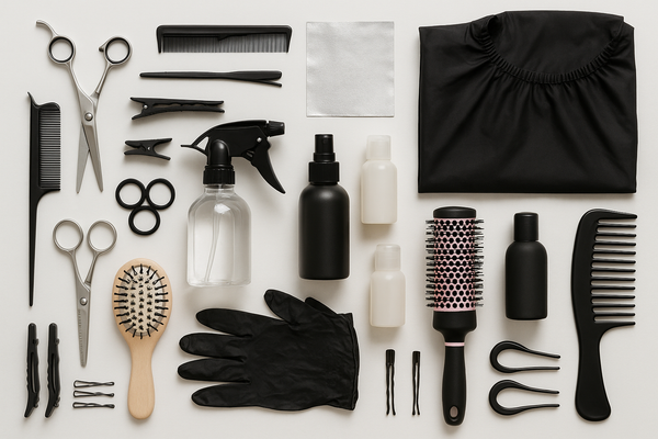 Professional salon essentials including scissors, combs, brushes, clips and styling tools arranged on a clean table
