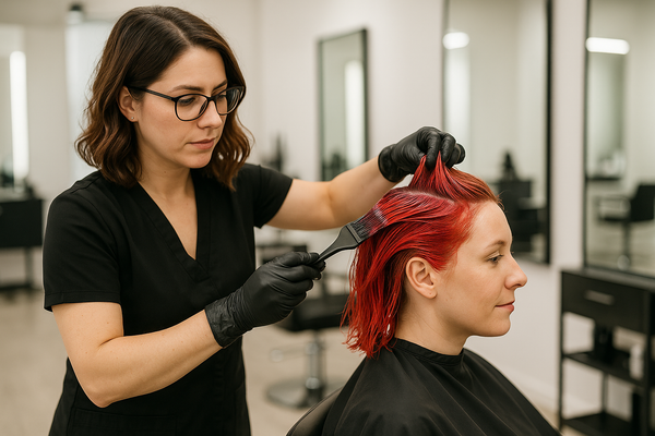 Professional salon scene showing a skilled hairstylist applying hair color to a client's hair